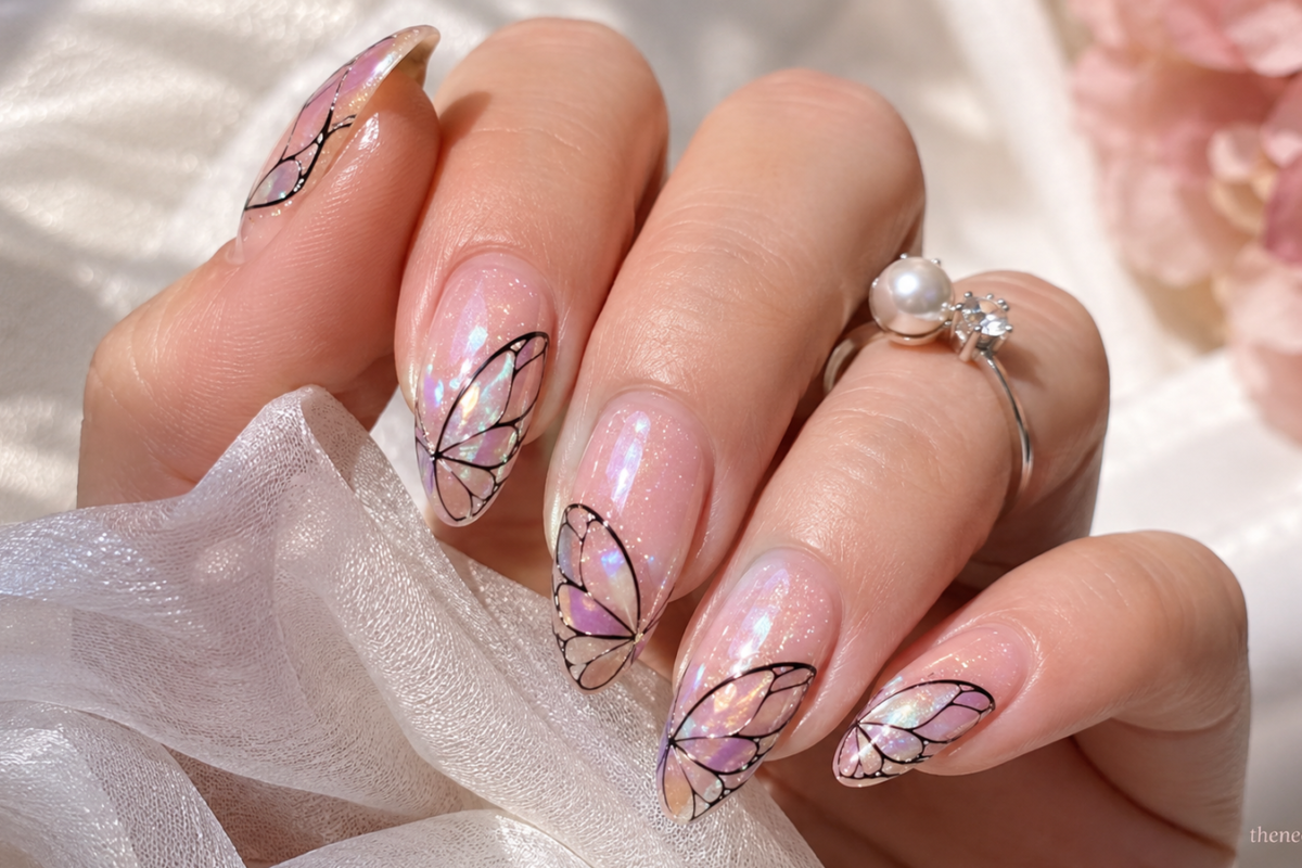 Sheer pink almond nails with iridescent butterfly wing nail art on a feminine hand with pearl ring and soft satin background.
