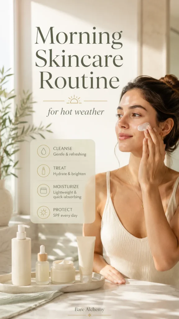 Woman applying lightweight moisturizer as part of a morning summer skincare routine for hot weather.
