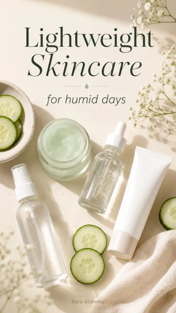 Lightweight skincare products for humid days with serum, gel moisturizer, sunscreen, facial mist, and cucumber slices.