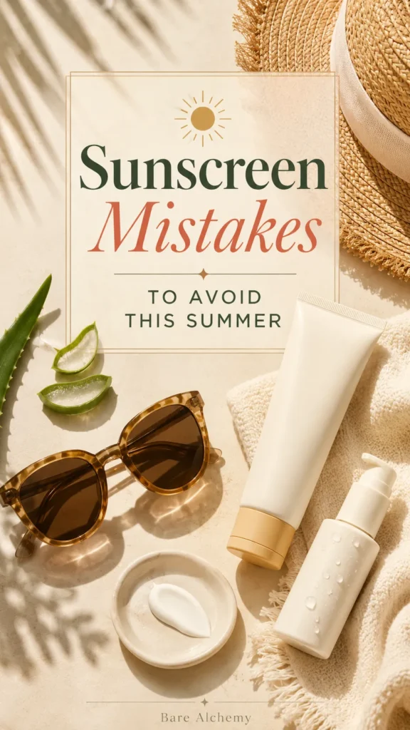 Sunscreen and summer skincare essentials arranged with sunglasses, straw hat, aloe vera, and towel.