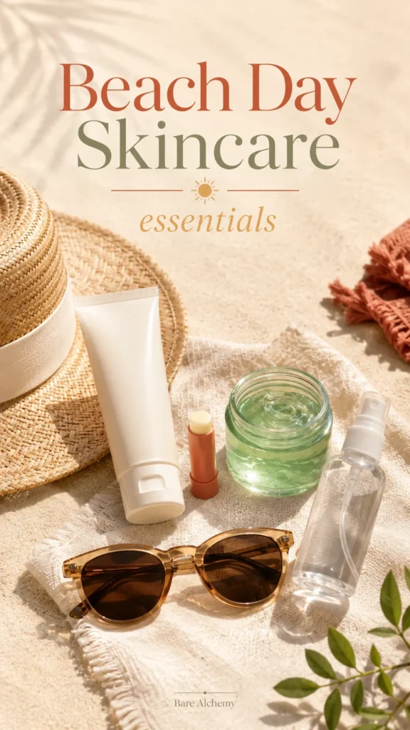 Beach day skincare essentials including sunscreen, lip balm, aloe gel, facial mist, sunglasses, and woven hat.