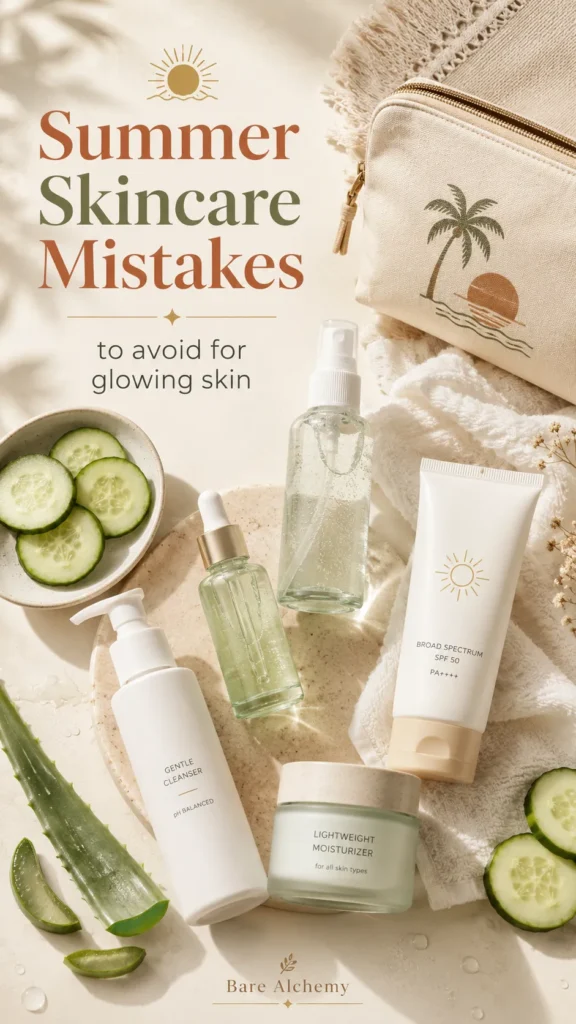 Summer skincare mistakes Pinterest pin featuring unbranded sunscreen, cleanser, hydrating serum, facial mist, lightweight moisturizer, cucumber slices, aloe vera, and towel on a clean beige background.