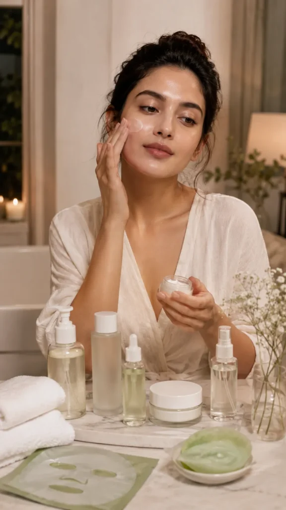Woman applying lightweight moisturizer during a calm night summer skincare routine with unbranded cleanser, serum, facial mist, towel, aloe gel, and sheet mask in a warm minimal bathroom setting.