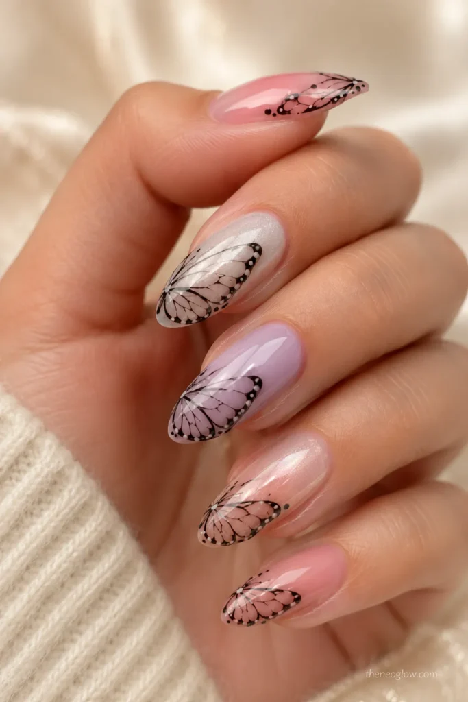 Pastel butterfly wing nail design on almond nails featuring pink, lilac, and pearly white shades with glossy finish.