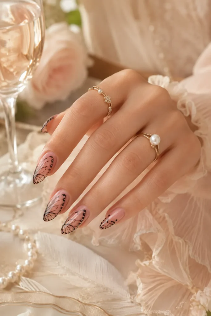 Soft bridal-inspired nude pink butterfly wing nails with pearl rings, sheer ruffle fabric, and a warm elegant background.
