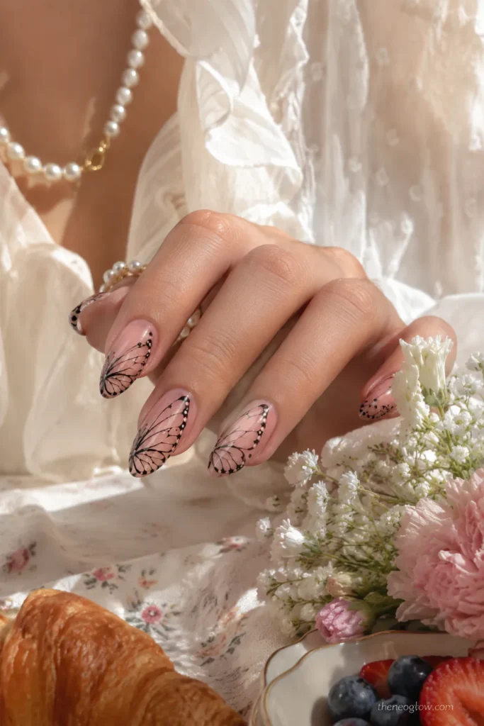 Elegant butterfly wing manicure on nude pink almond nails shown in a romantic floral brunch setting with pearls, flowers, and soft natural light.