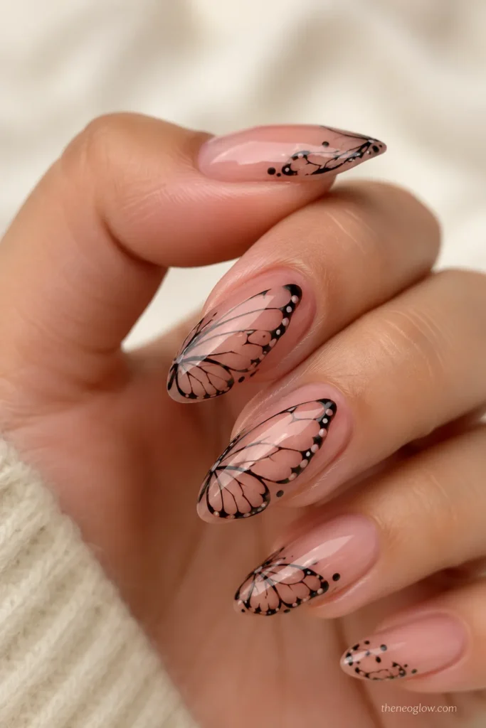 Close-up of glossy nude pink almond nails with delicate black butterfly wing nail art and soft feminine sweater styling.