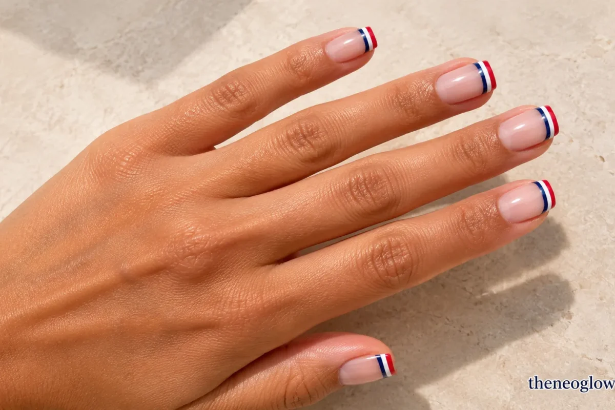 Medium soft-square nails with narrow cherry-red, ivory, and navy layered French tips on a sheer nude-pink base.