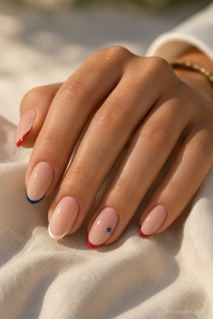 4th of July French tip nails with thin red white and blue tips on a sheer nude base