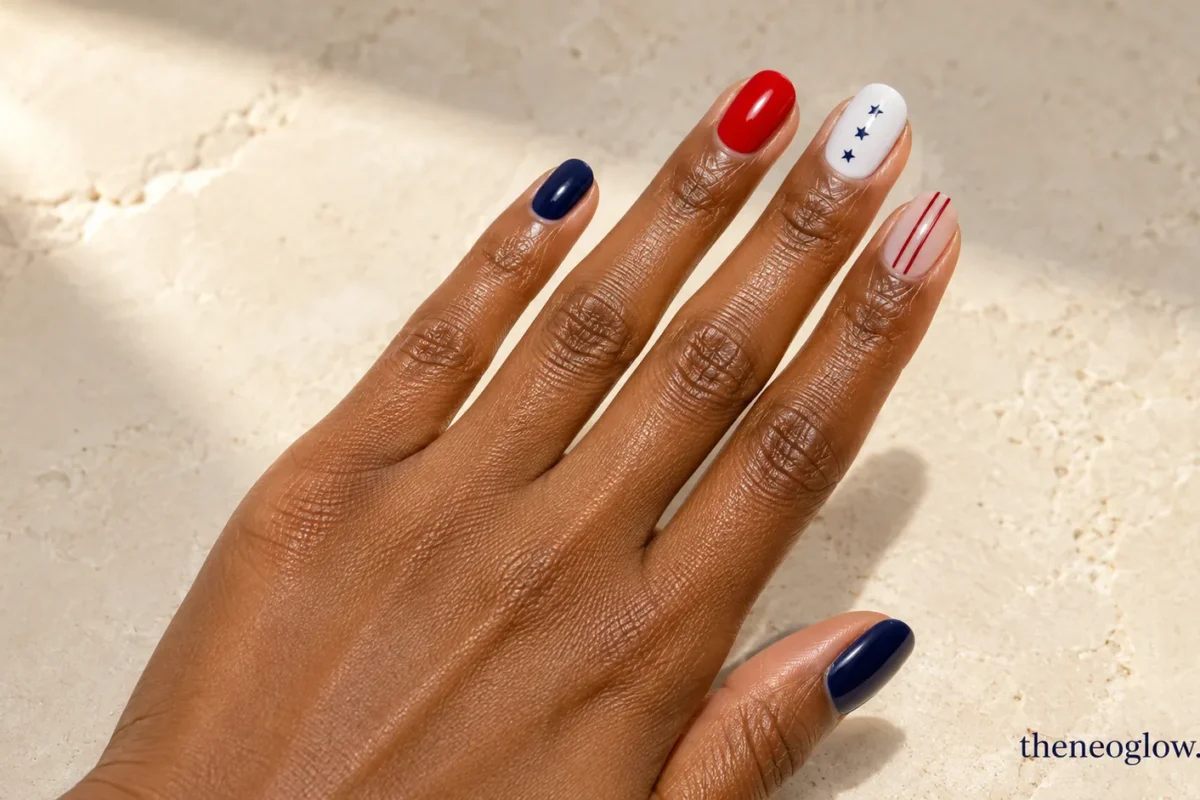 Glossy red and navy oval nails with one milky star accent and one sheer striped accent on rich brown skin.