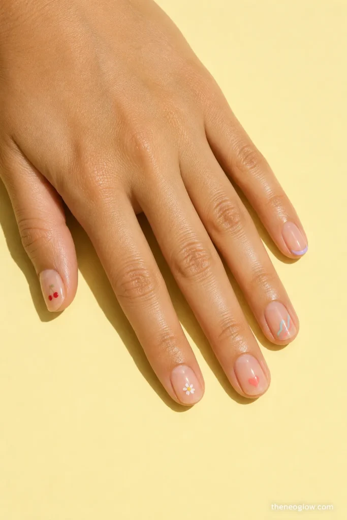 Sheer summer nails with miniature cherries, daisies, hearts, and swirls