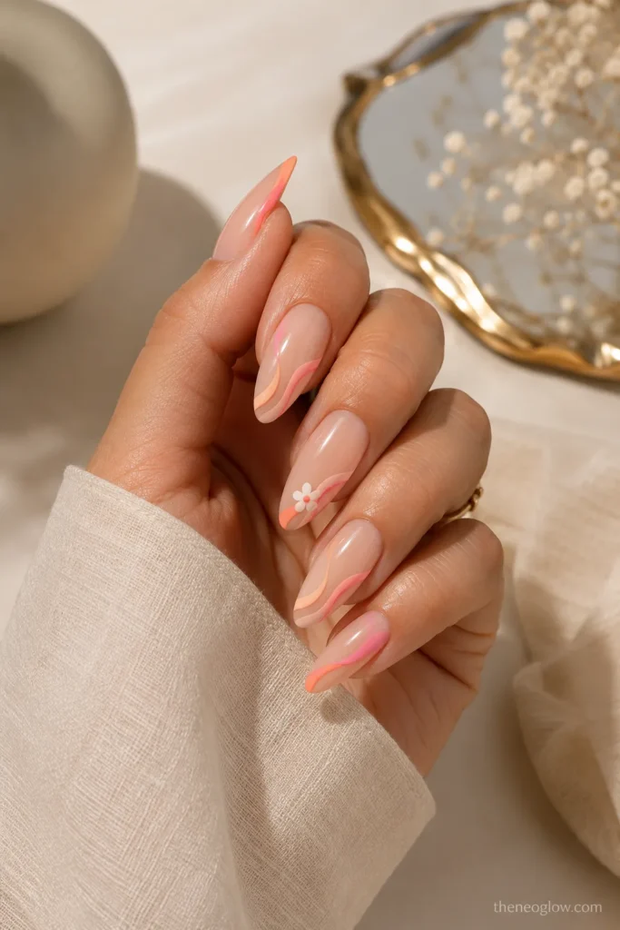 Acrylic summer nails with a nude base, coral pink swirls, and tiny flower accents
