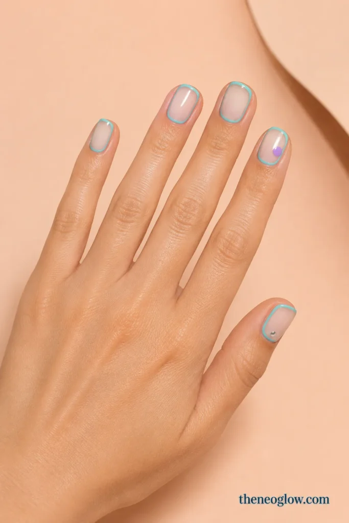 Short squoval nails with rounded aqua outlines, milky centers, a lilac circle, and a small silver dot.