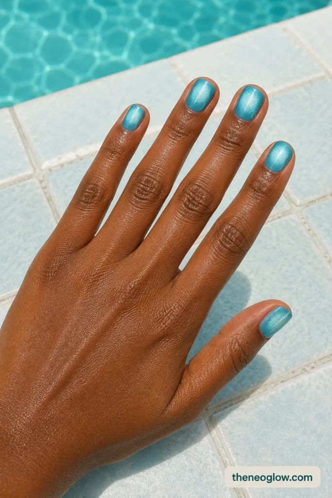Short squoval aqua cat-eye nails with soft centered halos on a deep brown hand beside clean poolside tile.