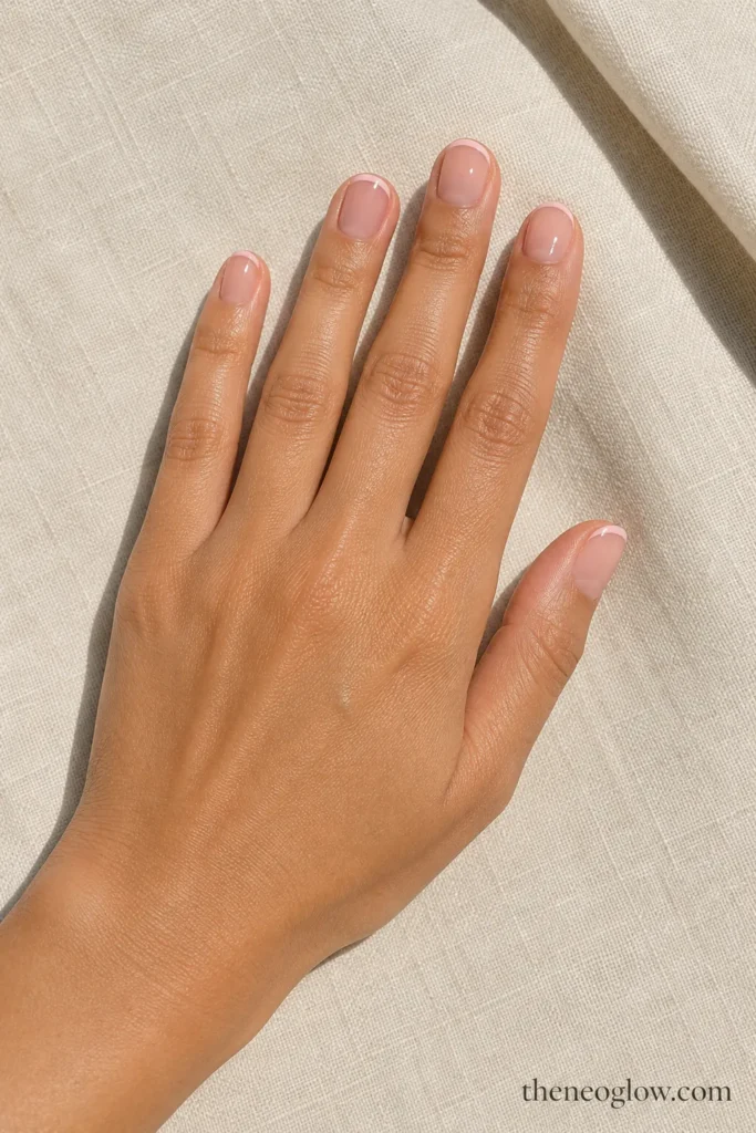 Short oval nails with hairline blush-pink French tips on an olive hand against softly folded ivory linen.