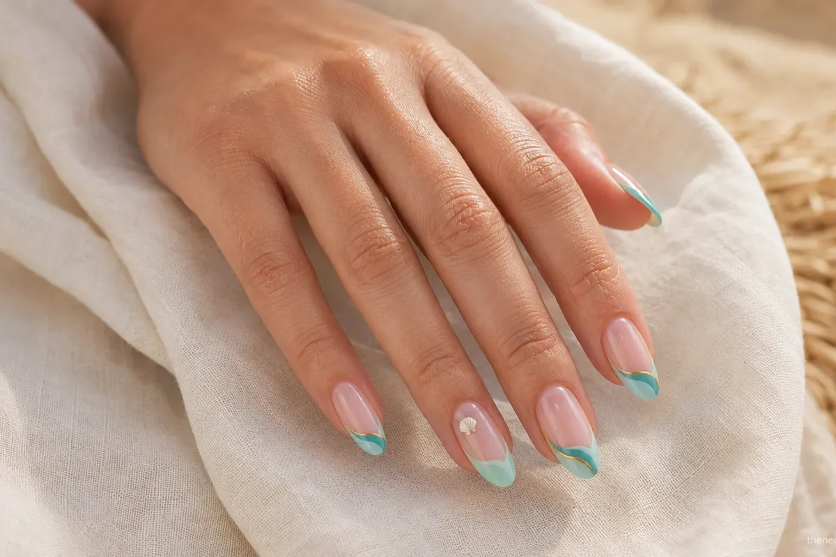 Turquoise wave-tip beach nails with a delicate shell accent