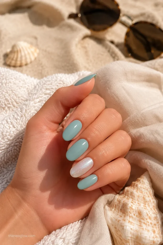 Beach vacation nails in glossy sea-glass blue with a soft pearl shimmer accent