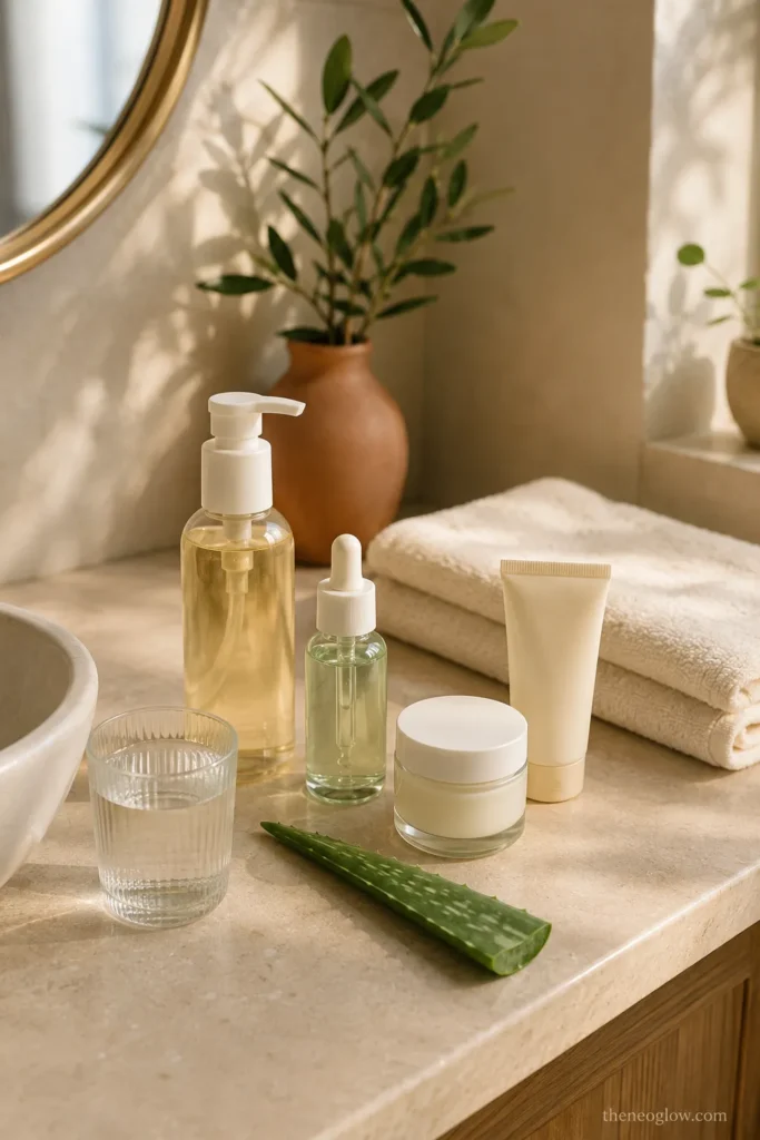 Beginner clean beauty routine essentials with cleanser, moisturizer, sunscreen, and hydrating skincare