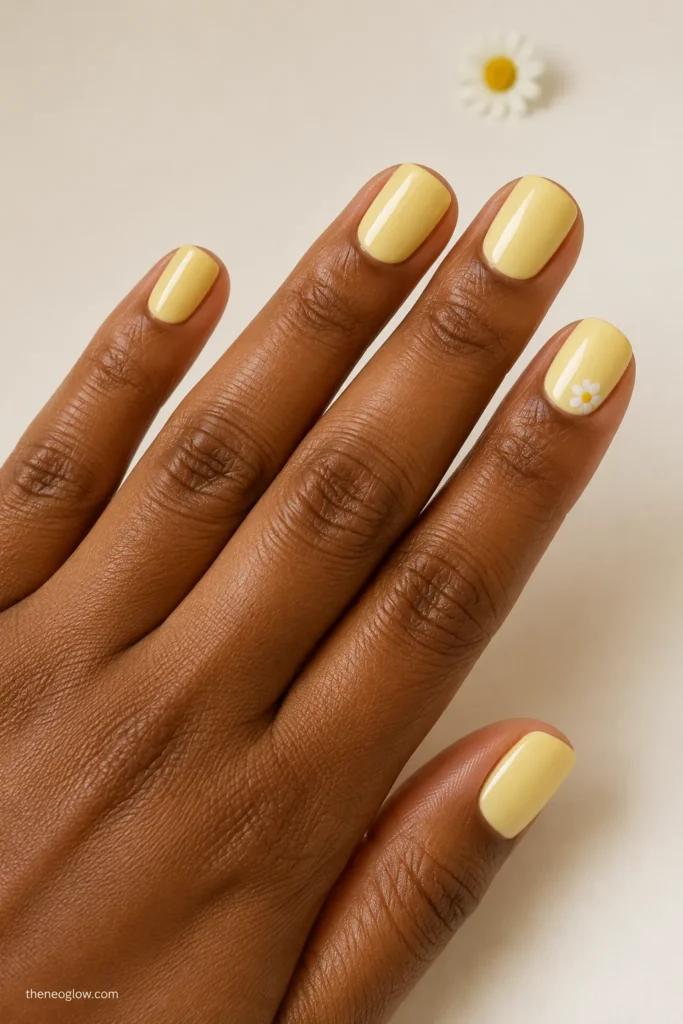 Short pale yellow nails with one tiny white daisy accent