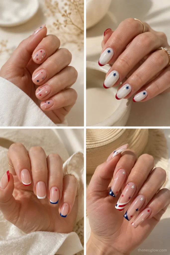 Four 4th of July nail design ideas including short nails, classy star nails, French tips, and acrylic nails