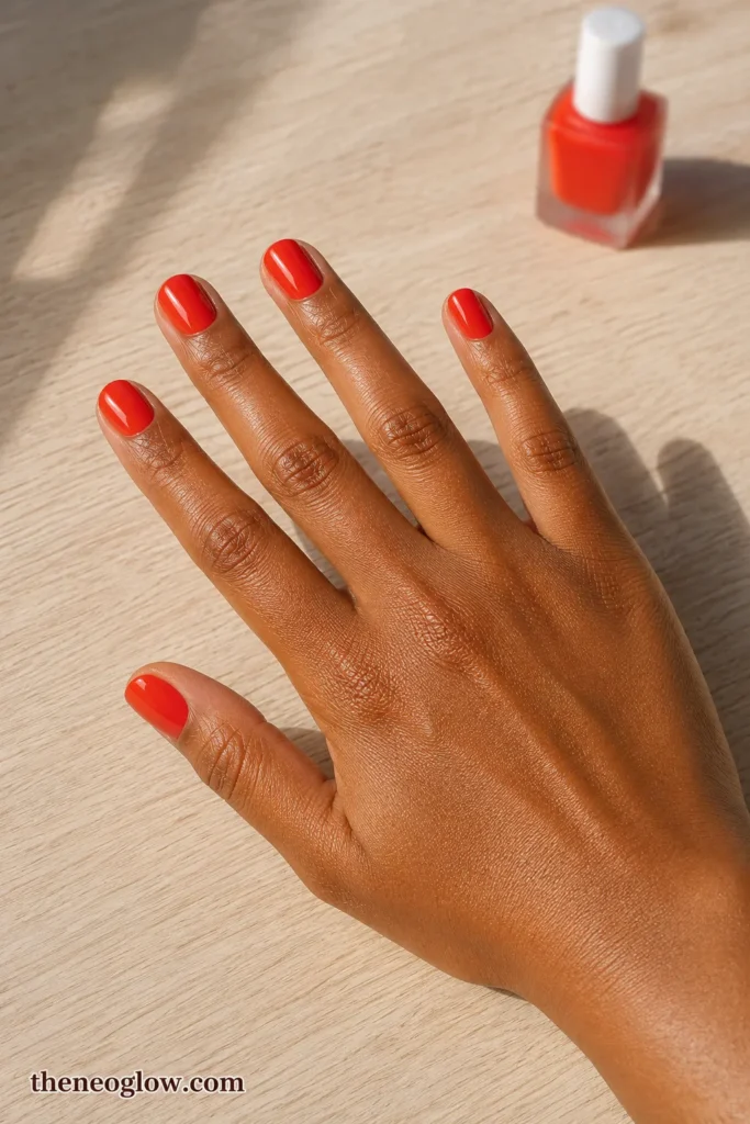 Short rounded blood orange nails with a glossy cream finish on a rich brown hand with warm undertones.