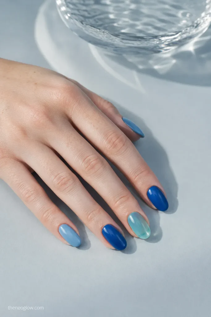 Oval nails in powder blue, ocean blue, and clear aqua
