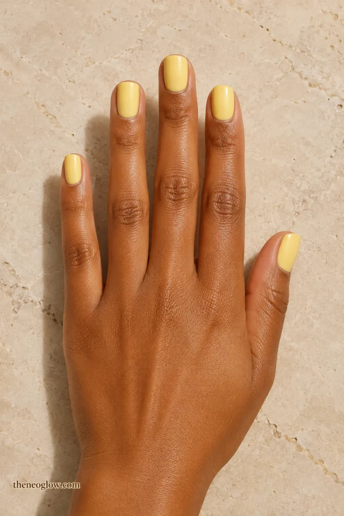 Opaque butter yellow short squoval nails with even glossy coverage on a medium-rich brown hand.