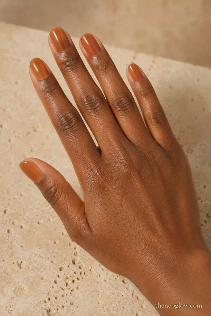 Short rounded caramel-jelly nails with high gloss on a deep brown hand resting on beige travertine.