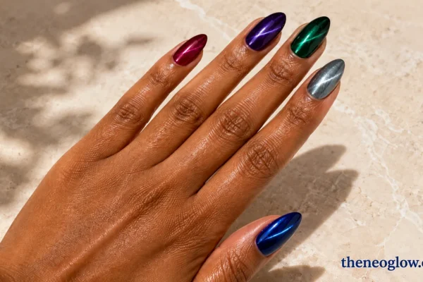 Medium almond jewel-tone cat-eye nails in sapphire, raspberry, violet, emerald, and silver with matching diagonal beams.