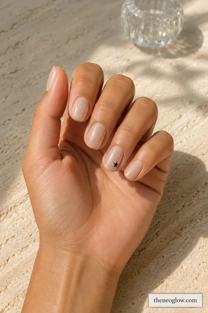 Short oval pale-beige nails with fine champagne shimmer and one miniature navy star.