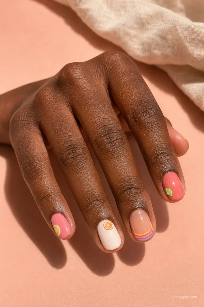 Short tropical nails with citrus art and sunset colors