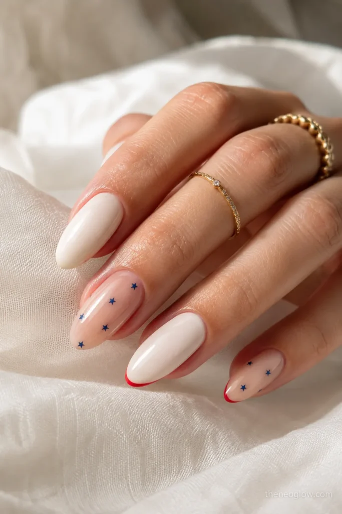 Classy 4th of July nails with milky white polish, tiny navy stars, and red micro French tips