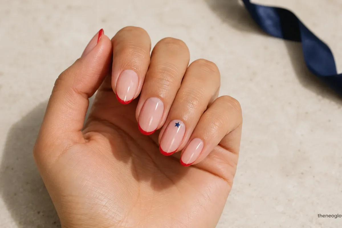 Sheer pink 4th of July nails with red micro French tips and a tiny navy star