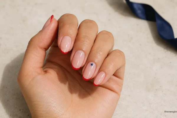 Sheer pink 4th of July nails with red micro French tips and a tiny navy star