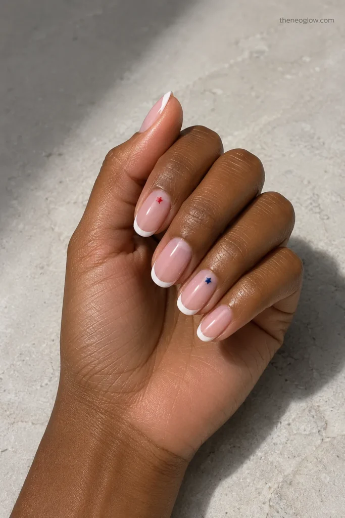 Classic white French nails with tiny red and navy star accents