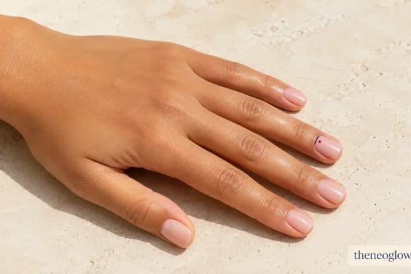 Short squoval nude-pink nails with tiny cherry-red and navy accents on a medium tan hand.