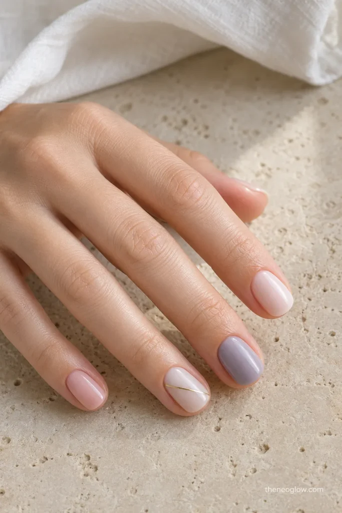 Short nude, milky-white, gold-line, and lavender nails