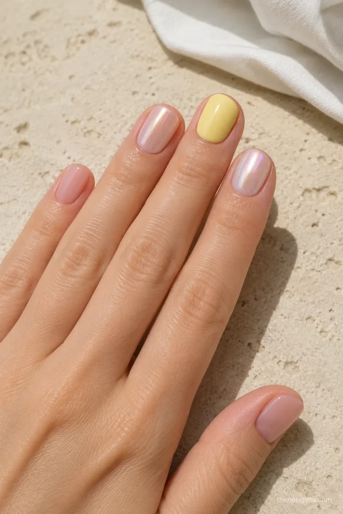 Sheer nude, pearl chrome, and butter-yellow summer nails