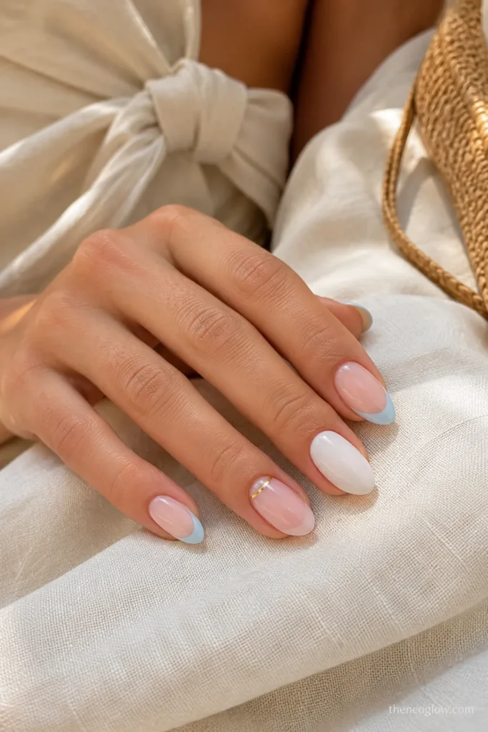 Classy summer nails with milky white polish, sheer pink nails, soft blue French tips, and minimal gold accents