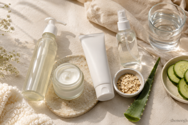 Clean beauty tips for beginners with gentle skincare products, aloe, sunscreen, and a calm spa-style flatlay