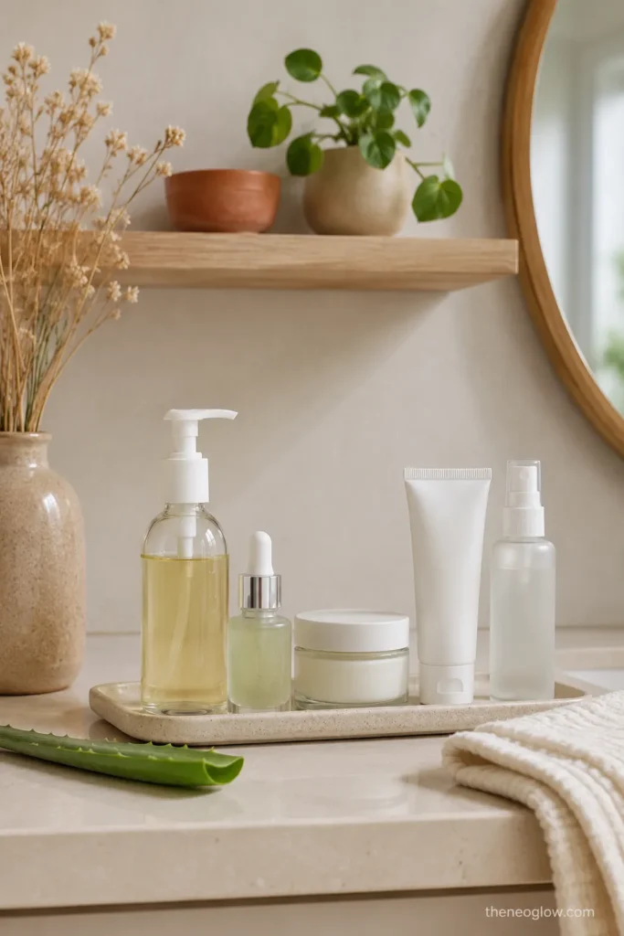 Clean girl skincare shelf with simple unbranded cleanser, moisturizer, sunscreen, and hydrating serum
