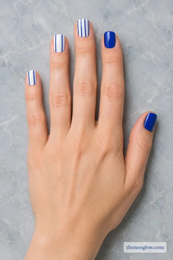 Milky white short square nails with narrow cobalt vertical pinstripes and solid blue accent nails.