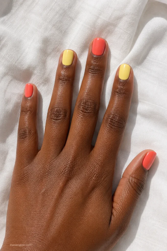 Short square nails alternating coral and butter yellow
