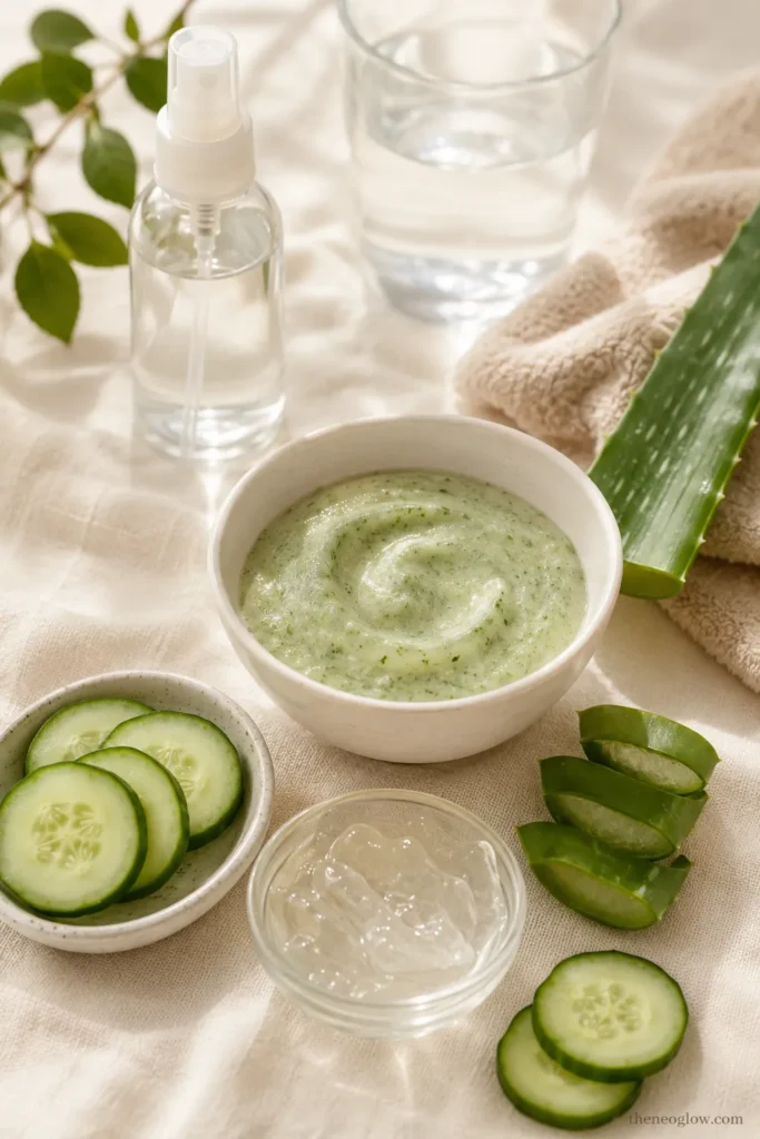 Cucumber and aloe vera face mask setup with fresh cucumber slices and aloe gel