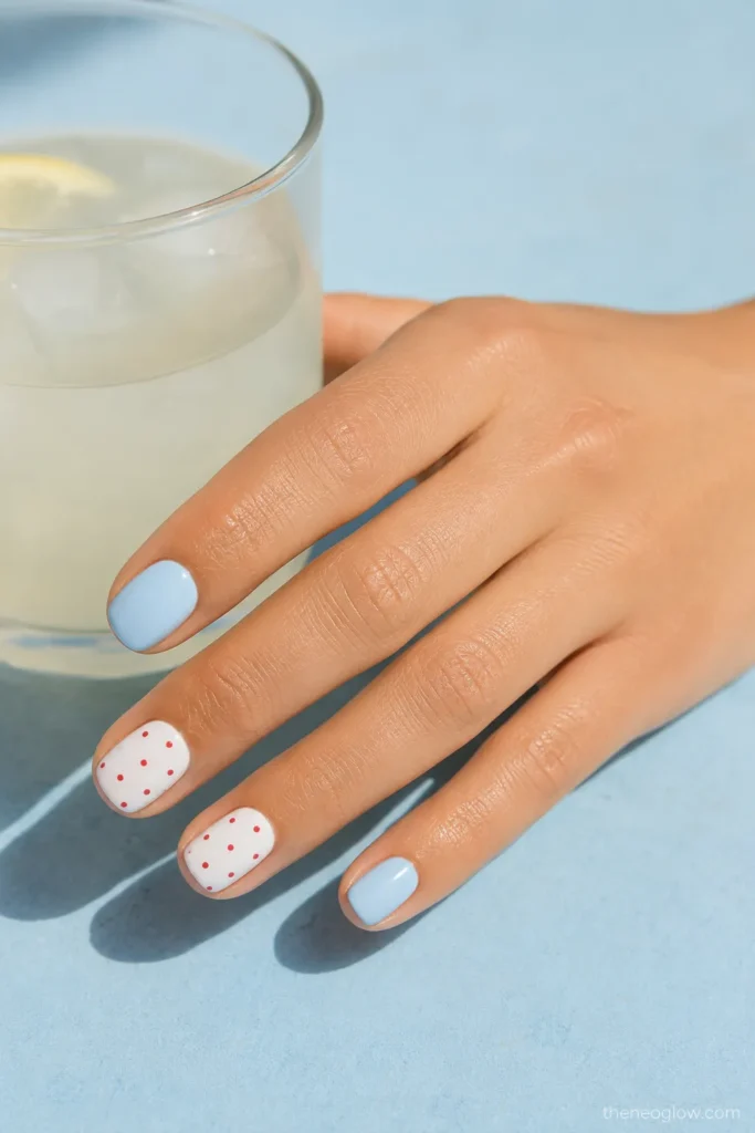 Short light blue nails with milky white accents and tiny red dots