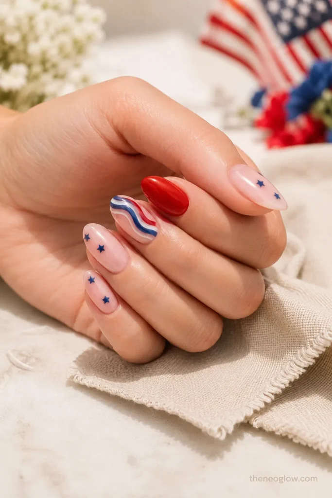 Cute 4th of July nails with tiny navy stars, red accents, and a glossy sheer pink base