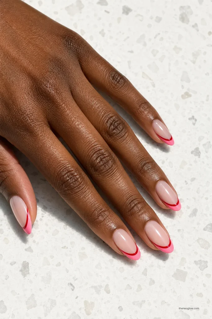 Medium almond nails with pink and red double French tips