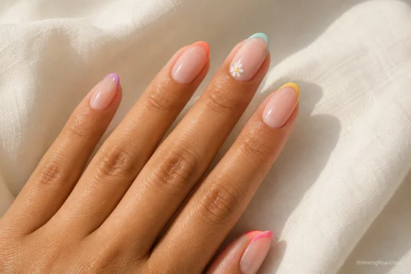 Colorful almond-shaped cute summer nails with pastel French tips and a tiny daisy accent