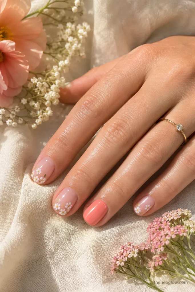 Cute summer nails with tiny white flowers, sheer pink polish, and a glossy coral accent nail