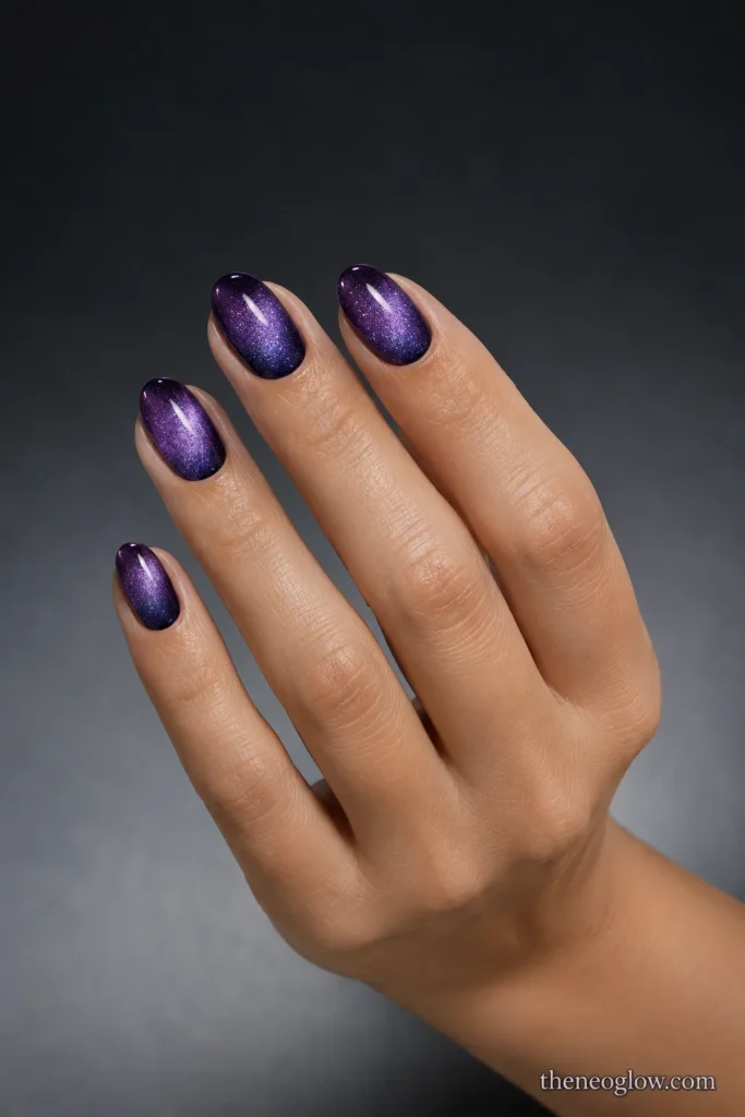 Medium oval deep violet velvet cat-eye nails with an all-over reflective glow on light-medium skin.